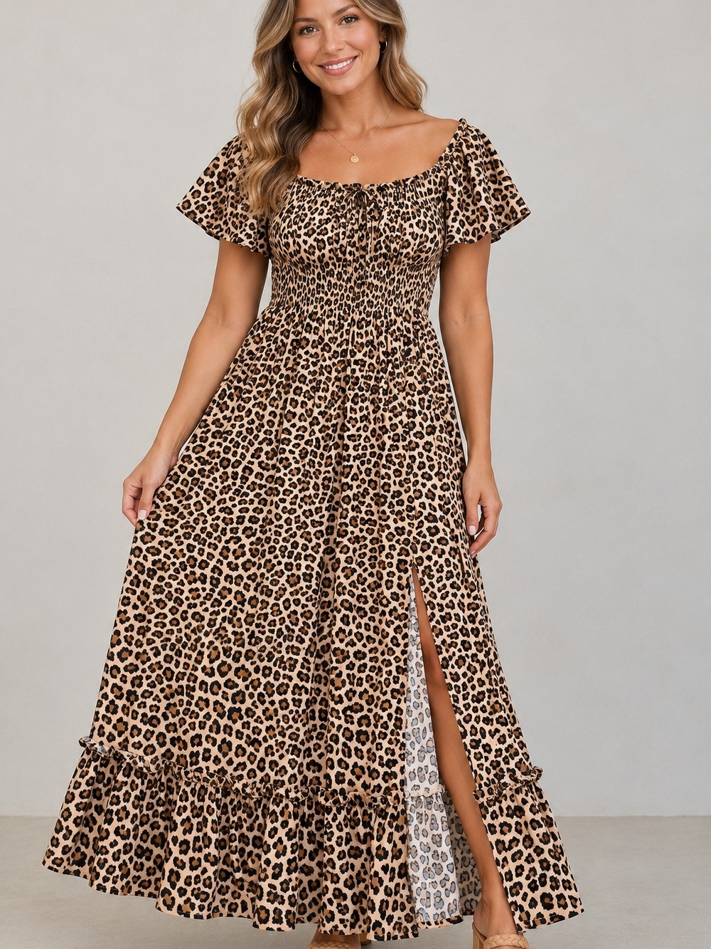 Vine & Love Leopard Print Maxi Dress in Tan and Black With Front Slit